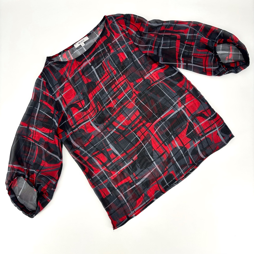 M.I.K.O. Sheer Red, Black, and Grey Plaid 3/4 Sleeve Blouse, Small